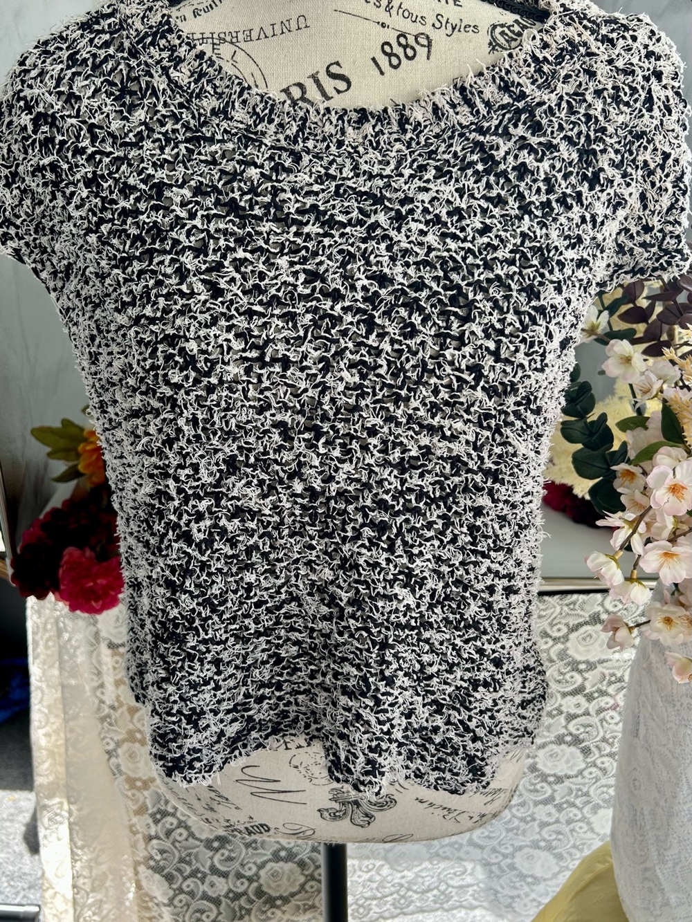 Eileen Fisher Black & White Textured Short-Sleeve Knit Tunic